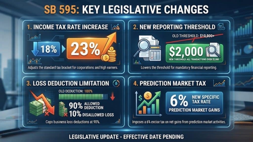 An infographic breaking down the key legislative updates of SB 595, specifically focusing on how its provisions for taxes and deductions will affect the North Carolina Sports Betting market.