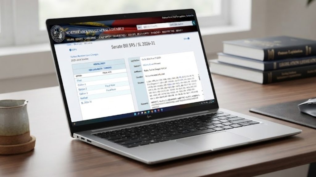 A laptop on a wooden desk showing the North Carolina General Assembly website and Senate Bill 595 text, illustrating the legal framework for North Carolina Sports Betting.