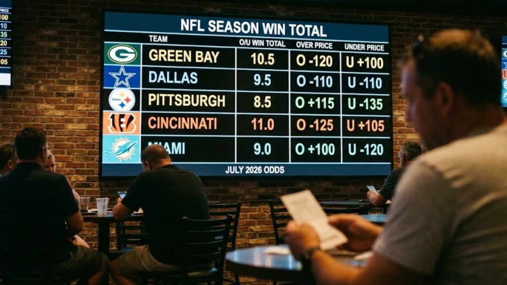 A focused view of an NFL season win total odds board in a sports bar setting, displaying projected over/under NFL win totals and prices for teams including Green Bay, Dallas, Pittsburgh, Cincinnati, and Miami.