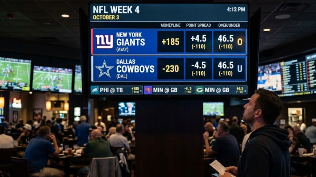 A sports bettor checking live odds on a sportsbook display showing how to bet on the NFL spread and moneyline.
