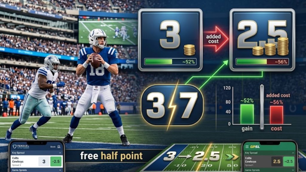 Diagram featuring numbers 3 and 7 with football field graphics and scoring breakdown icons explaining why 3 and 7 are the primary key number in NFL betting options.