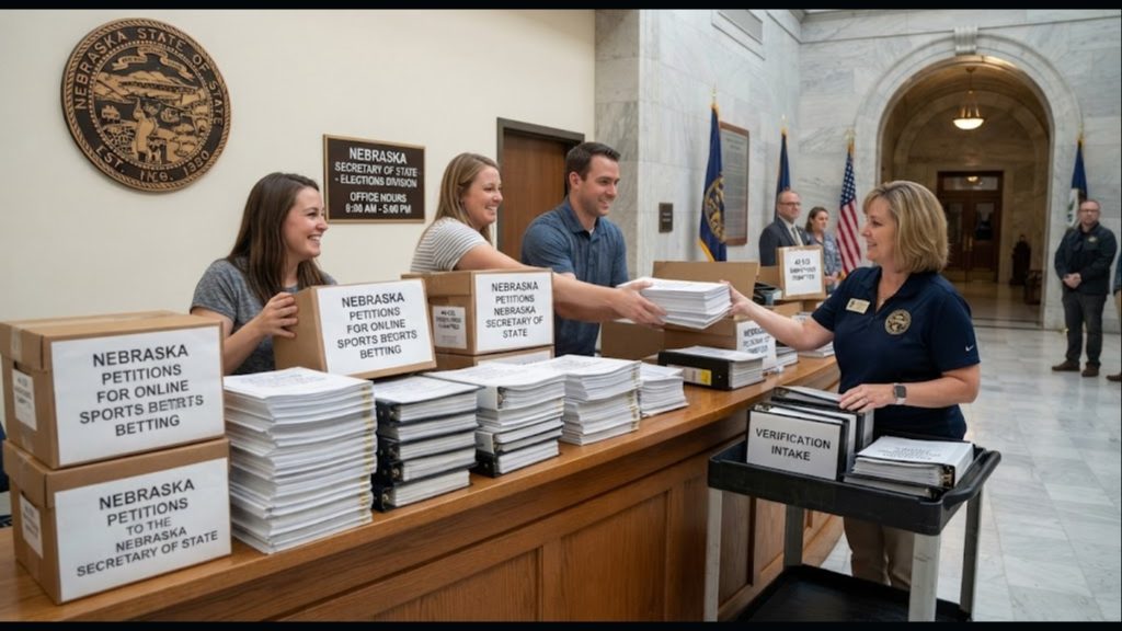 A photograph of individuals in an official government building, processing stacks of petitions clearly labeled in boxes as 'NEBRASKA PETITIONS FOR ONLINE SPORTS BETTING
