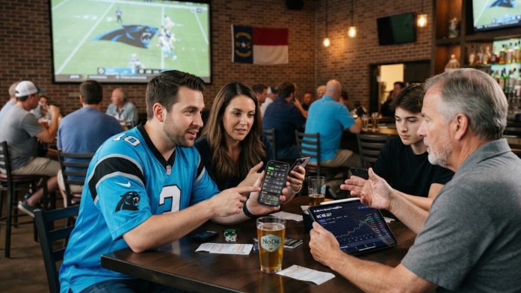 A group of people at a sports bar analyzing betting data on mobile devices and tablets, illustrating the potential impacts of a new North Carolina Senate Bill on local sports bettors.