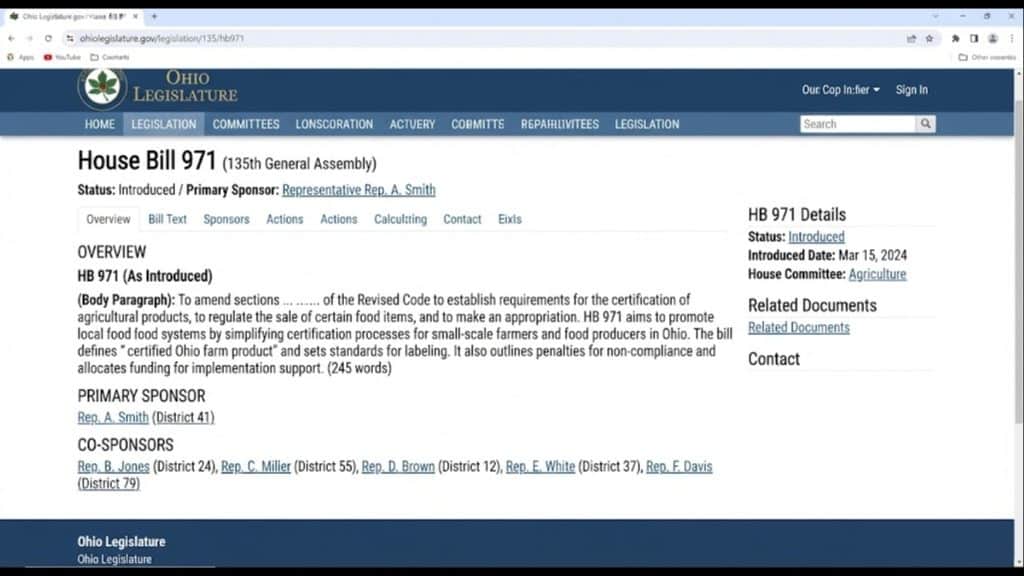A screenshot of the official Ohio Legislature website showing the details of "House Bill 971," which is central to discussions regarding Ohio Mobile Sports Betting.