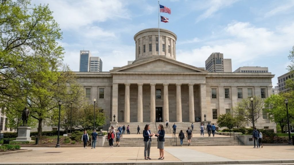 A group of people gathered at a sports bar with screens displaying various games, with a central map of Ohio highlighting the latest Ohio Sports Betting Bill Update and the 'Save Ohio Sports Act'.