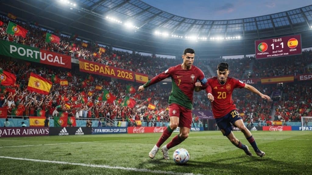 A live match scene showing a Portugal vs Spain soccer game with a scoreboard reading 1-1, accompanied by text for a "Portugal vs Spain prediction.