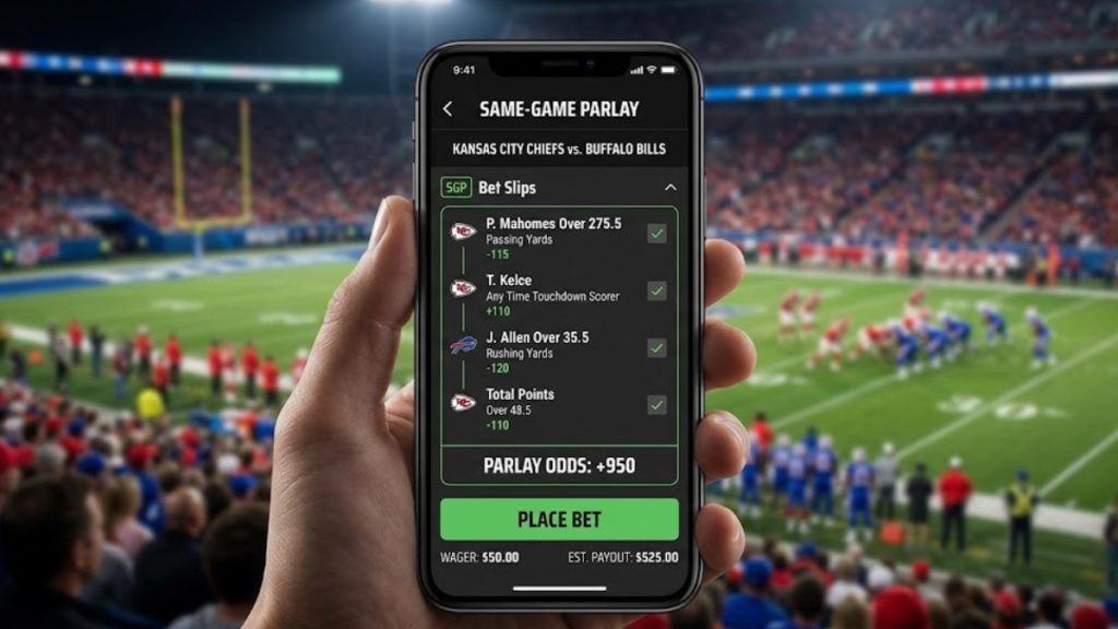 A close-up of a smartphone screen showing a four-leg Same-Game Parlay sports betting slip for an NFL game between the Chiefs and Bills.