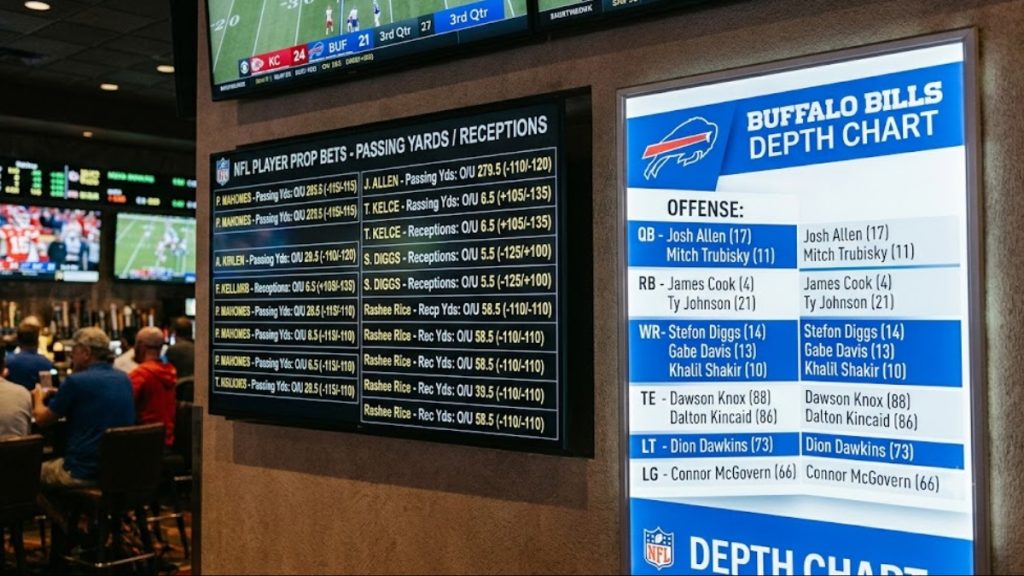 A digital screen inside a sportsbook displaying NFL player prop bets for passing yards and receptions alongside a Buffalo Bills depth chart board.