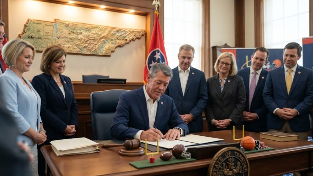 Governor Lee signing legislation into law, representing a key moment in the Tennessee Sports Betting Bill Update and the official implementation of the sweepstakes casino ban.