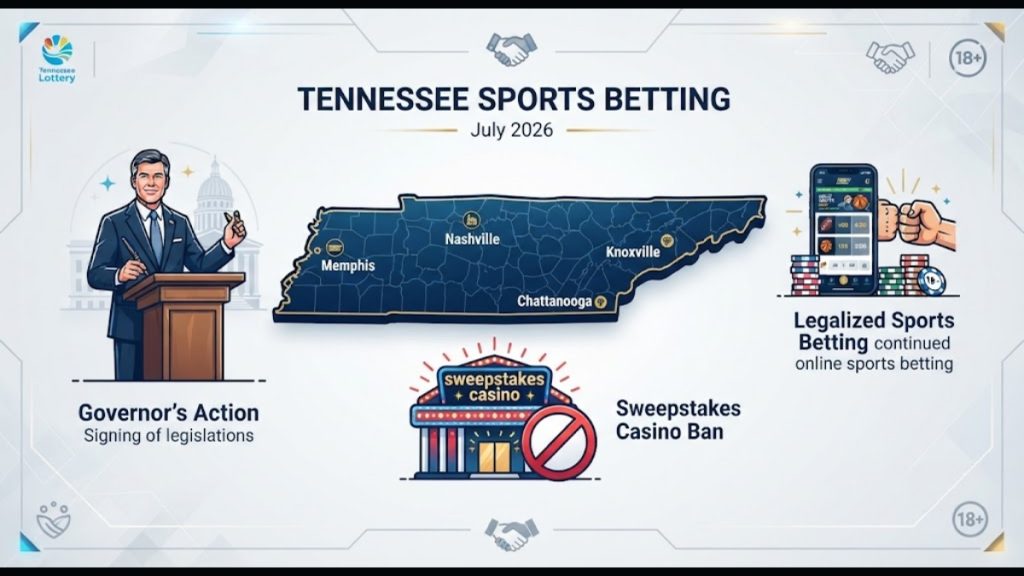 A graphic infographic summarizing the Tennessee Sports Betting Bill Update as of July 2026, featuring icons for the Governor's action, a ban on sweepstakes casinos, and the continued authorization of online sports betting