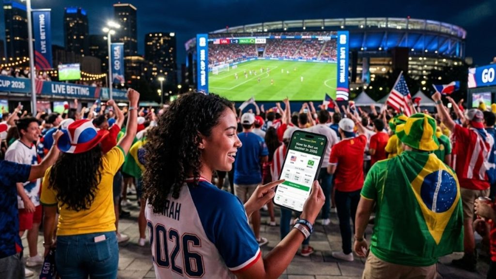 A young woman smiling and using a sports betting mobile app to place a wager in front of a giant outdoor screen broadcasting a soccer match at night. A crowd of fans wearing national team jerseys surrounds her, showcasing the fan experience and how to bet on soccer in 2026 during major tournaments.
