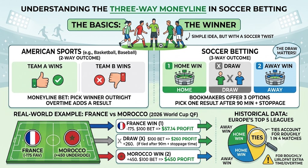 An educational infographic explaining how to bet on soccer in 2026, focusing on the three-way moneyline. It compares a standard two-way American sports moneyline to a three-way soccer moneyline (Home Win, Draw, Away Win) with a real-world example of France vs. Morocco and a pie chart showing historical tie statistics.