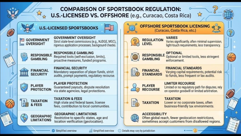 Infographic comparing US-licensed and unregulated platforms, highlighting the financial and legal risk of offshore sportsbooks betting.
