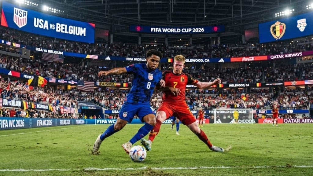 An intense action shot from a USA vs Belgium soccer match in a stadium, perfect for a "USA vs Belgium prediction."