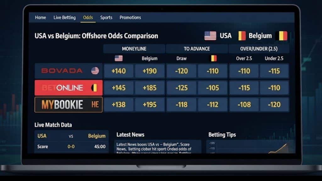 A laptop screen displaying a sports betting odds table for a "USA vs Belgium prediction," comparing moneyline, to advance, and over/under odds across different platforms.