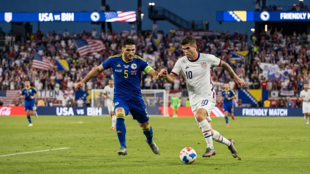 An action shot during a USA vs Bosnia and Herzegovina match, featuring USMNT player Christian Pulisic dribbling the ball against a Bosnian defender in a packed stadium.