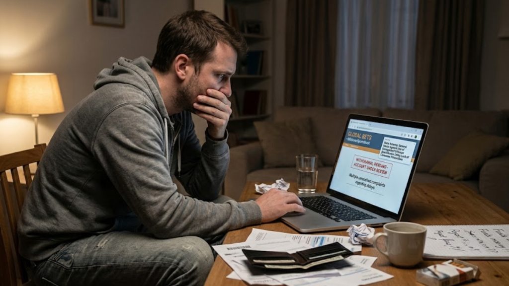 A stressed man reviewing pending withdrawal errors on a laptop, illustrating the risk of offshore sportsbooks betting and unfulfilled payouts.
