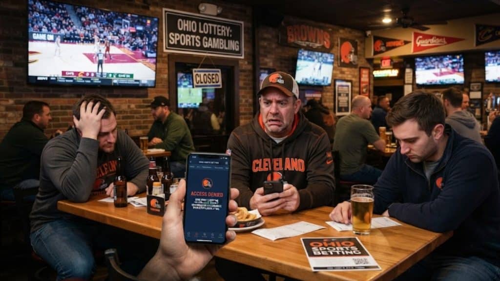 A group of people in a sports bar looking distressed while holding a smartphone with an "Access Denied" screen, representing the potential impact of legislation on Ohio Mobile Sports Betting.