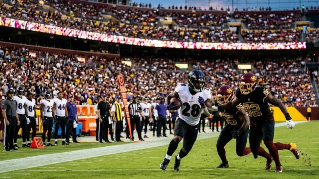 A Baltimore Ravens running back carrying the football against Washington defenders during a game relevant for evaluating NFL preseason bets.