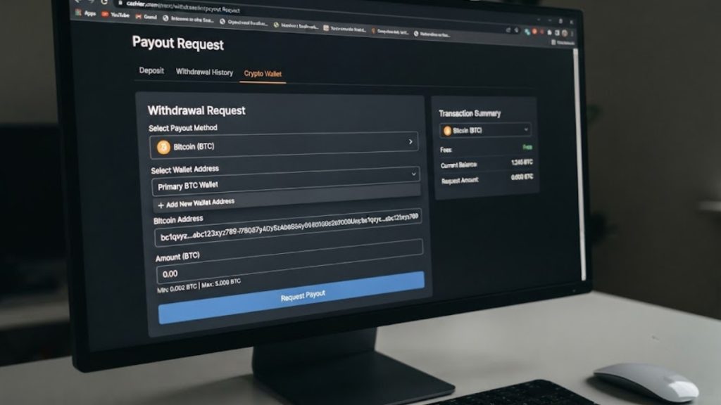 A computer screen showing a detailed "Payout Request" interface, designed for users navigating Crypto Sportsbook Withdrawals to their personal digital wallets.