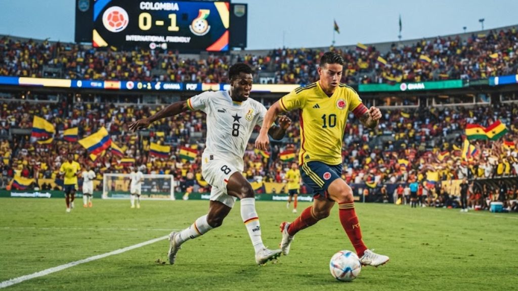 Close-up action shot of a soccer player from Colombia dribbling against a player from Ghana, highlighting analysis for a World Cup best bets play on the under 2.5 goals market.