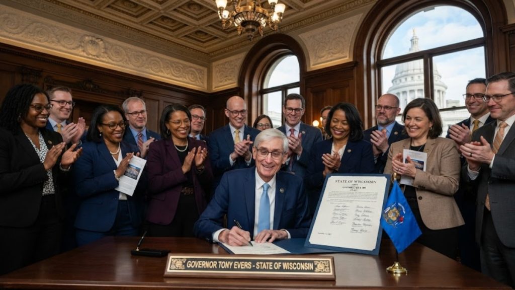 Governor Tony Evers signing a legislative document surrounded by officials in the state capitol, marking a significant Wisconsin Sports Betting Bill Update.