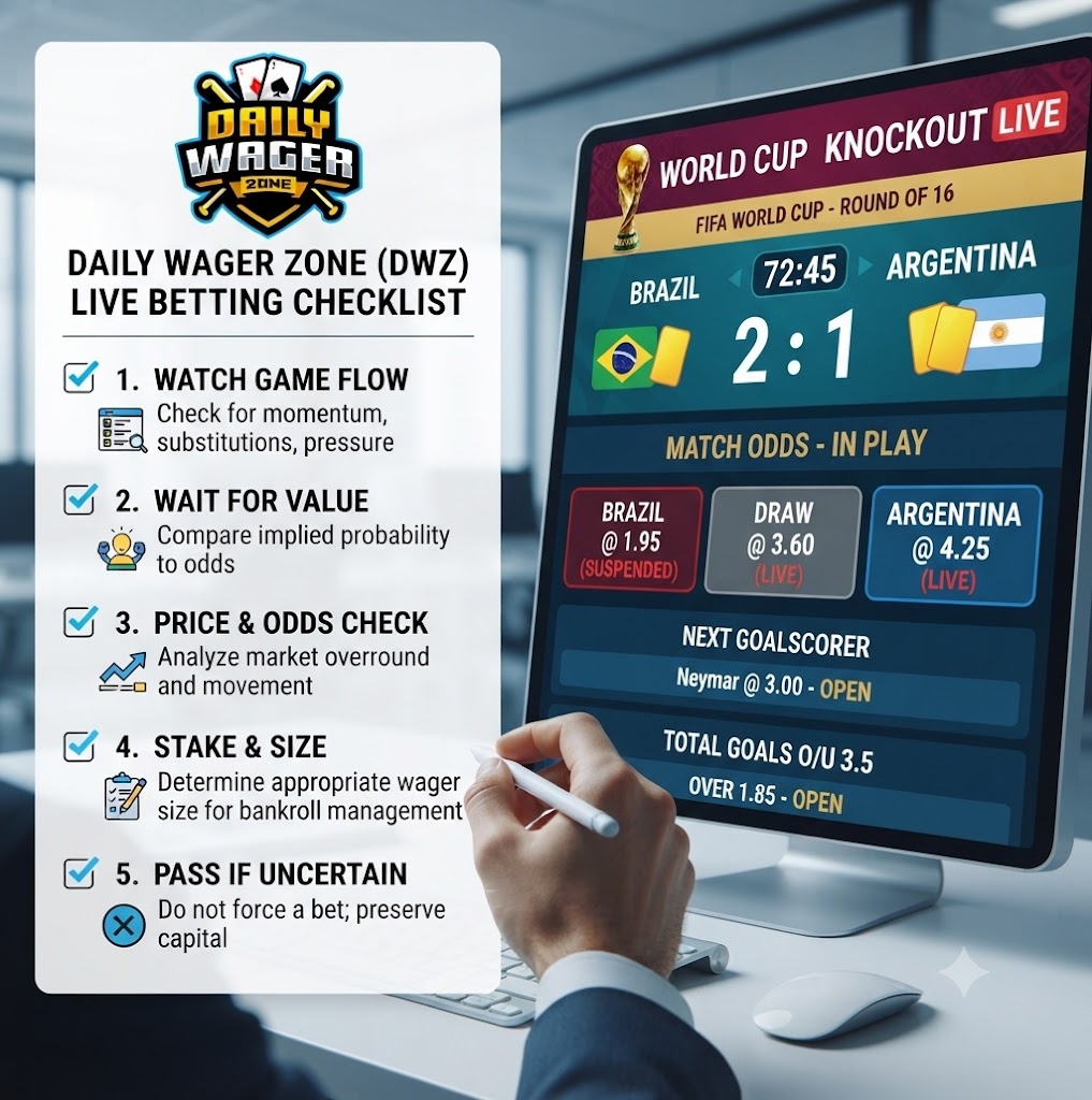 A bettor checking a simple World Cup live betting plan beside live match odds for Brazil and Argentina.