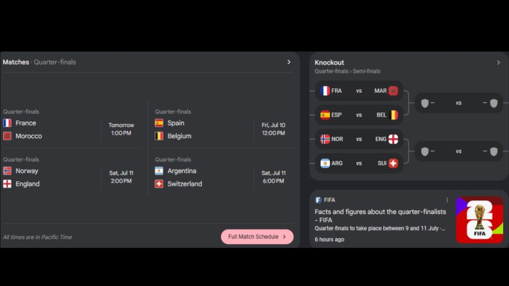 Quarterfinals World Cup 2026 official schedule and tournament bracket showing upcoming matchups for the remaining teams.