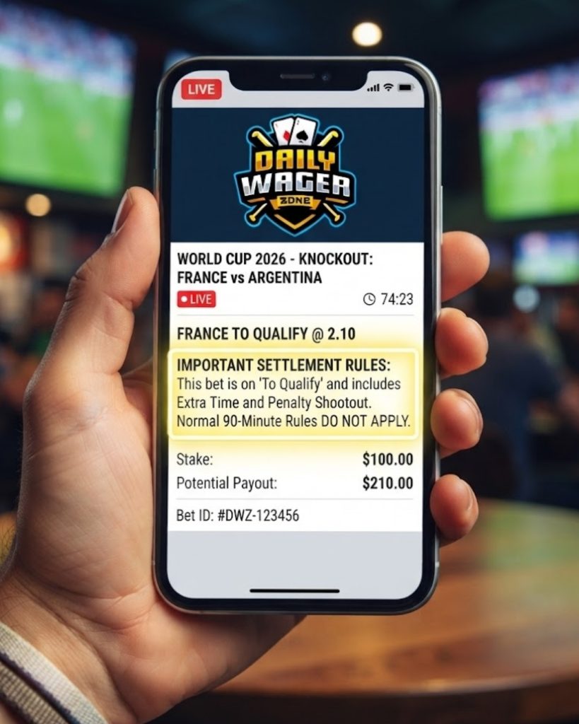 A World Cup live betting slip showing whether a France versus Argentina bet includes extra time and penalty kicks.