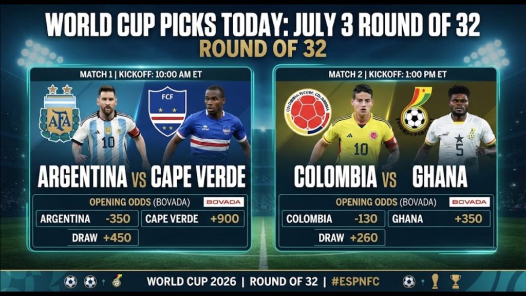 Official schedule and opening betting odds for the July 3 World Cup Round of 32 matchups between Argentina vs Cape Verde and Colombia vs Ghana, providing key data for World Cup best bets.