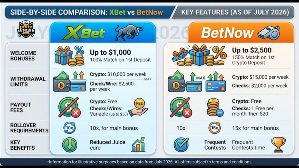 BetNow vs XBet side-by-side comparison table detailing welcome bonuses, withdrawal limits, payout fees, rollover requirements, and key benefits.