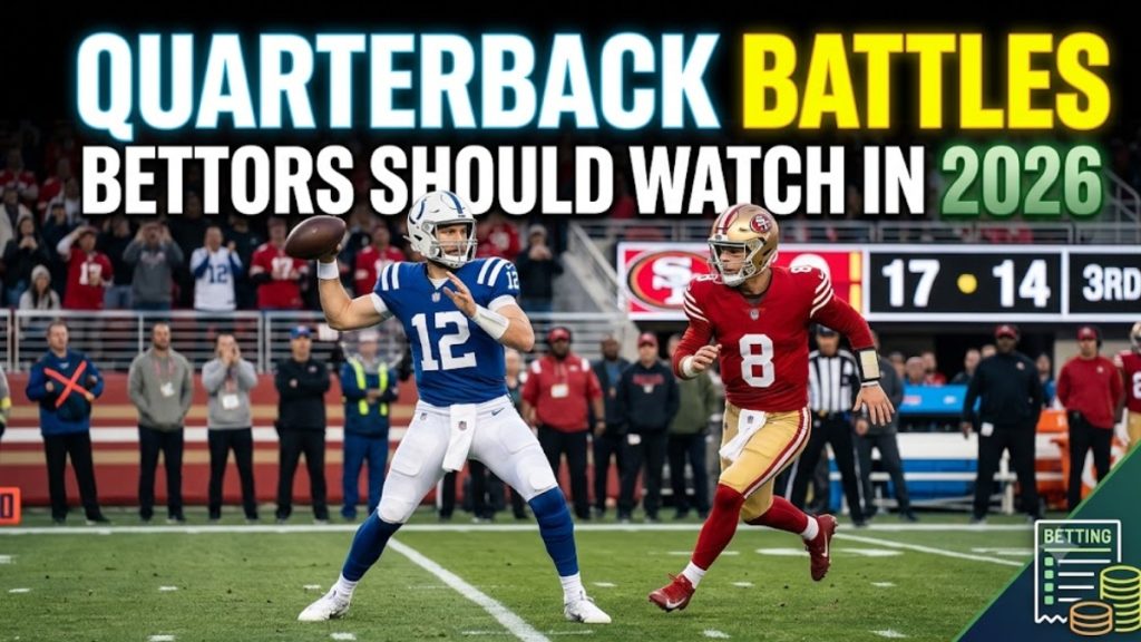 Two quarterbacks in action during an NFL Training Camp game setting, featuring text highlighting quarterback battles for sports bettors in 2026.
