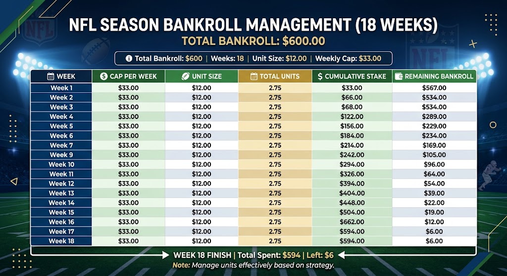 Sports Betting Bankroll Management 18-week NFL season plan table showing weekly caps, unit sizes, cumulative stakes, and remaining bankroll from $600