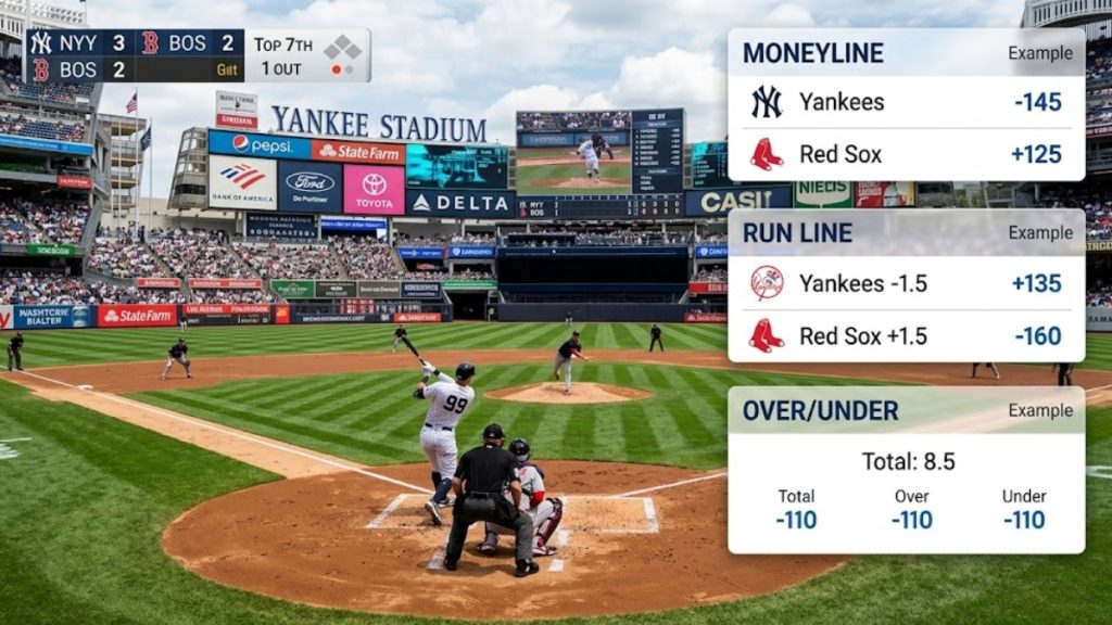 An image featuring a live action view of a baseball game at Yankee Stadium overlaid with graphics explaining betting odds: Moneyline (Yankees -145, Red Sox +125), Run Line (Yankees -1.5 (+135), Red Sox +1.5 (-160)), and Over/Under (Total: 8.5, Over -110, Under -110).
