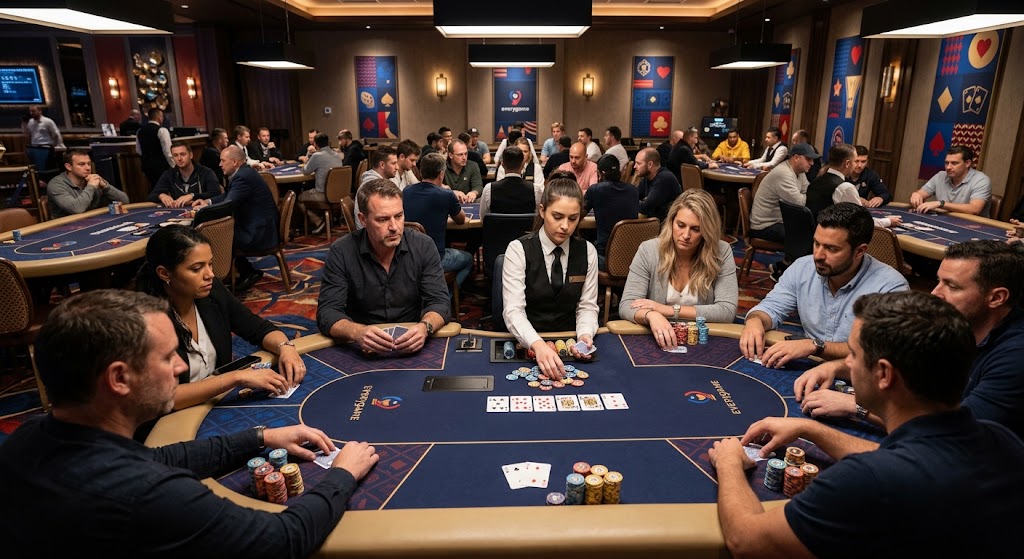 Dealer distributing cards at a busy live poker table in a casino hosted by the best online poker sites for real money.