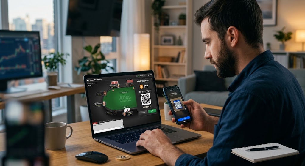Player depositing Bitcoin via smartphone QR code on a laptop featuring top platforms from the best online poker sites for real money.