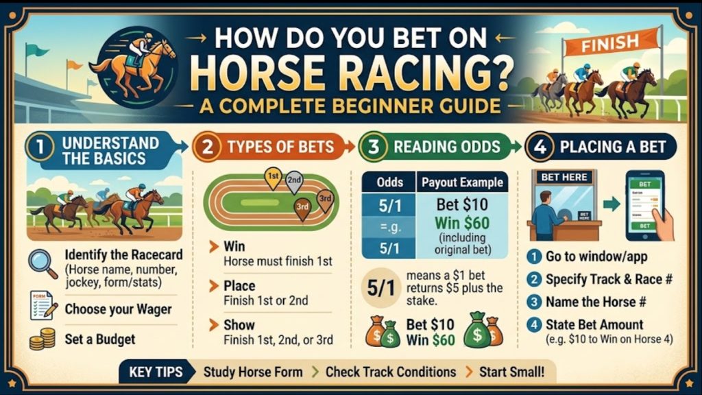 Infographic explaining how to bet on horse racing with steps for understanding racecards, bet types, reading odds, and placing wagers.