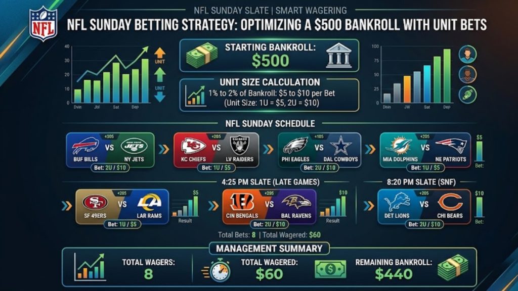 Bankroll management visual chart detailing NFL Betting Strategies for managing a $500 budget across Sunday game slates using $5 and $10 unit bets.