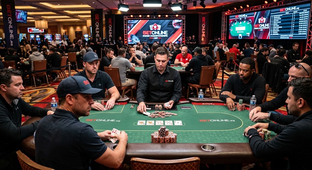 High-stakes poker tournament with players around a green felt table on one of the best online poker sites for real money.