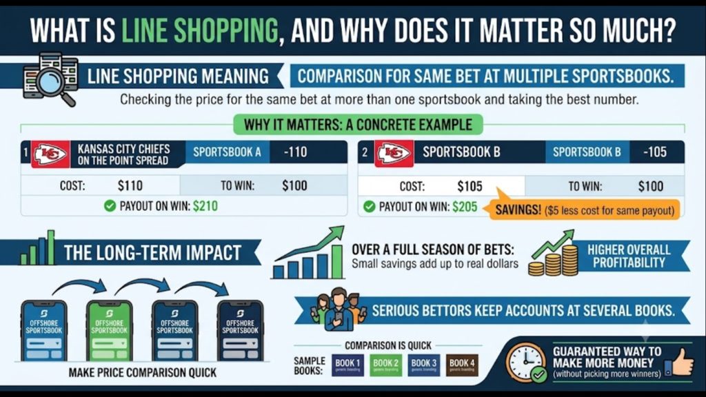 Infographic explaining line shopping as one of the key NFL Betting Strategies, comparing point spread odds between two sportsbooks to maximize payouts.