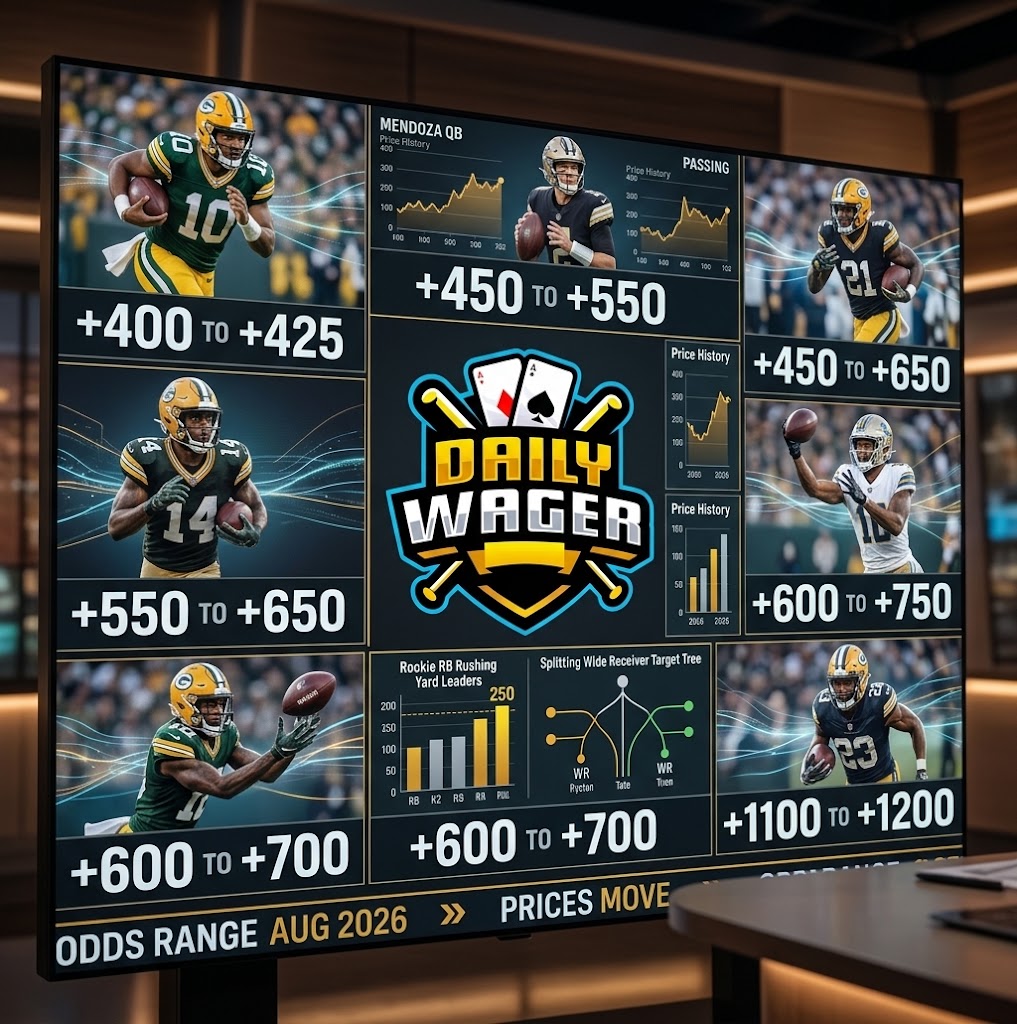 Daily Wager sports betting screen displaying August 2026 odds ranges, player stats, and market trends for NFL Rookie of the Year 2026 betting.