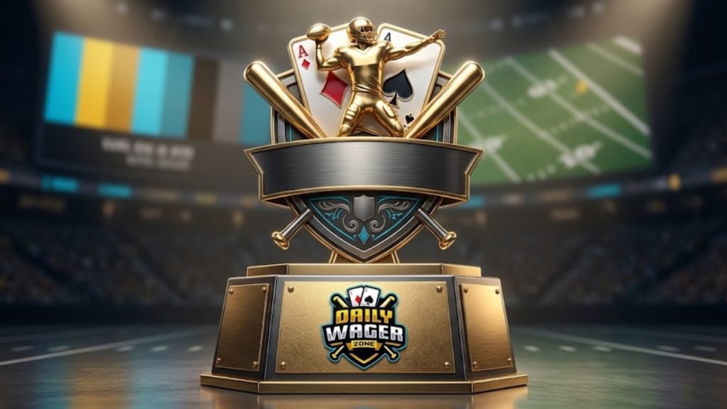 Golden football trophy with playing cards and baseball bats labeled Daily Wager Zone, symbolizing the NFL Rookie of the Year 2026 race.