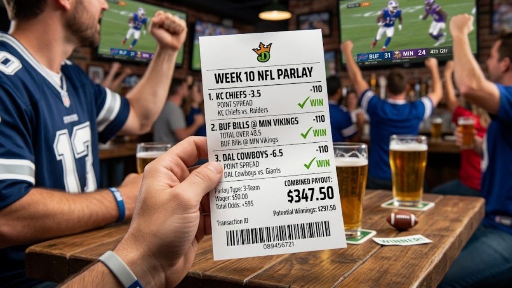 A detailed image showing a person in a sports bar holding a winning DraftKings NFL parlay ticket, featuring the text 'WEEK 10 NFL PARLAY', '3-Team', '$347.50 Combined Payout', and 'NFL Parlays' is also a relevant keyword for this type of image. The background shows cheering fans and NFL games on large screens.