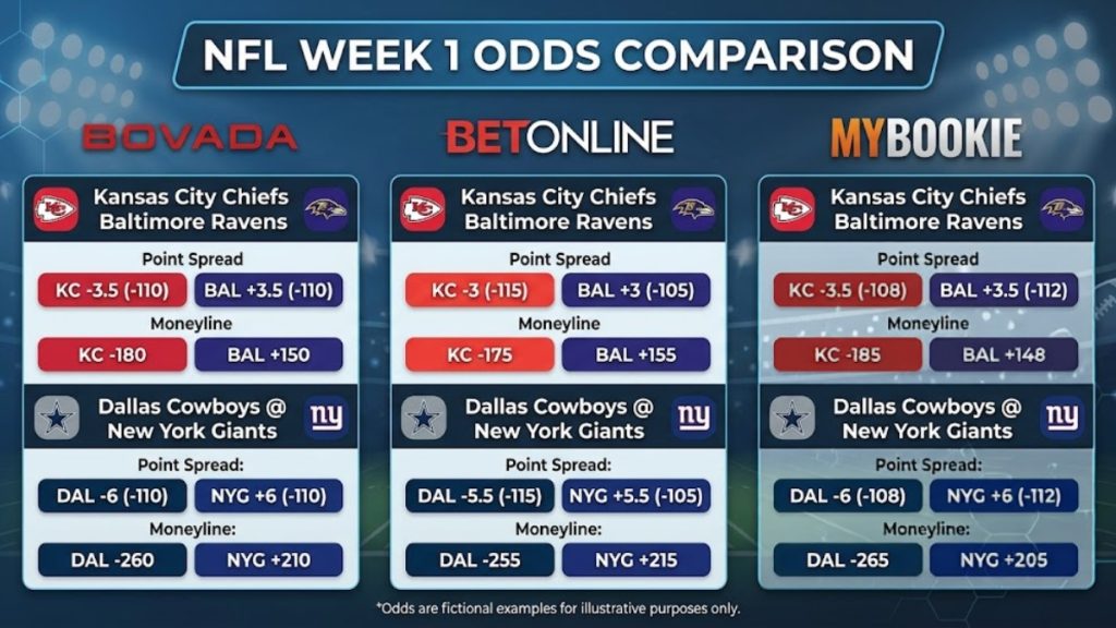 A graphic chart displaying NFL betting odds comparing Week 1 point spreads and moneyline bets across Bovada, BetOnline, and MyBookie.