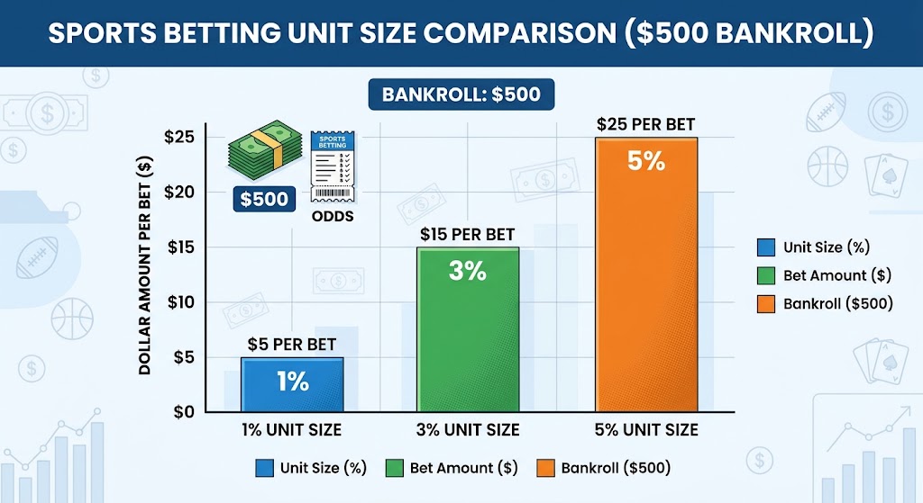 Sports Betting Bankroll Management unit size comparison chart displaying dollar amounts for 1%, 3%, and 5% bets on a $500 total bankroll