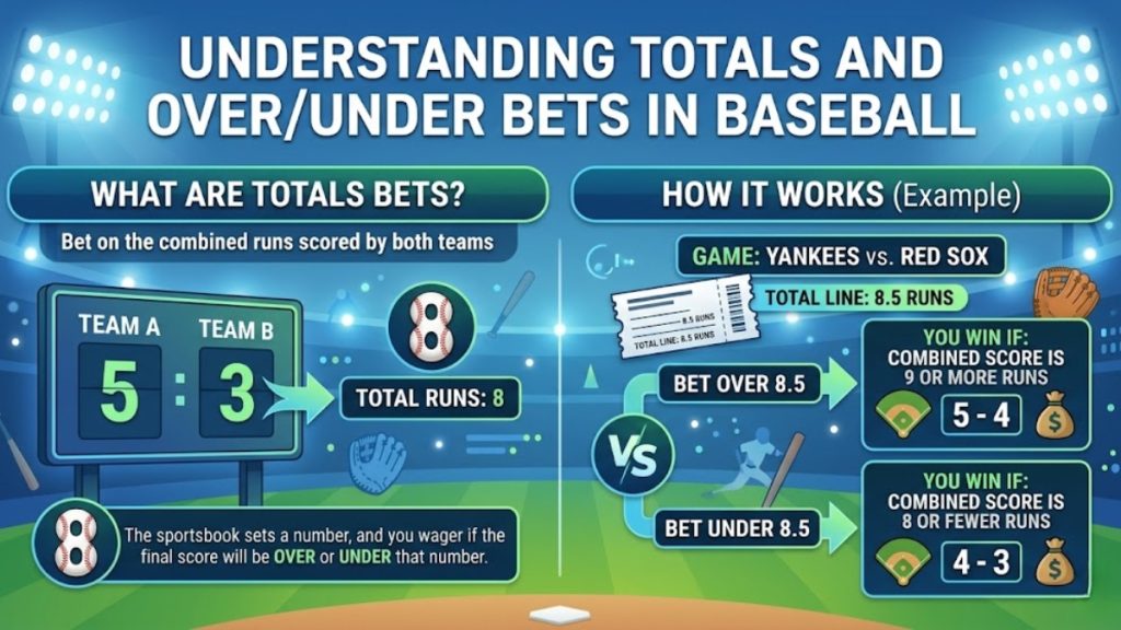 An infographic titled "UNDERSTANDING TOTALS AND OVER/UNDER BETS IN BASEBALL" explaining totals betting. The left section shows a scoreboard with a combined total of 8 runs, while the right section illustrates an example total line of 8.5 runs for a Yankees vs. Red Sox game, showing a win for Over if the combined score is 9 or more, and a win for Under if it is 8 or fewer.