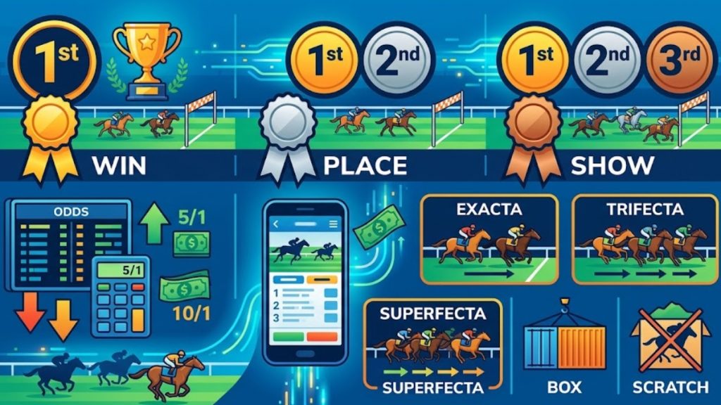 Infographic detailing common horse racing betting terms including Win, Place, Show, Exacta, Trifecta, Superfecta, Box, and Scratch.