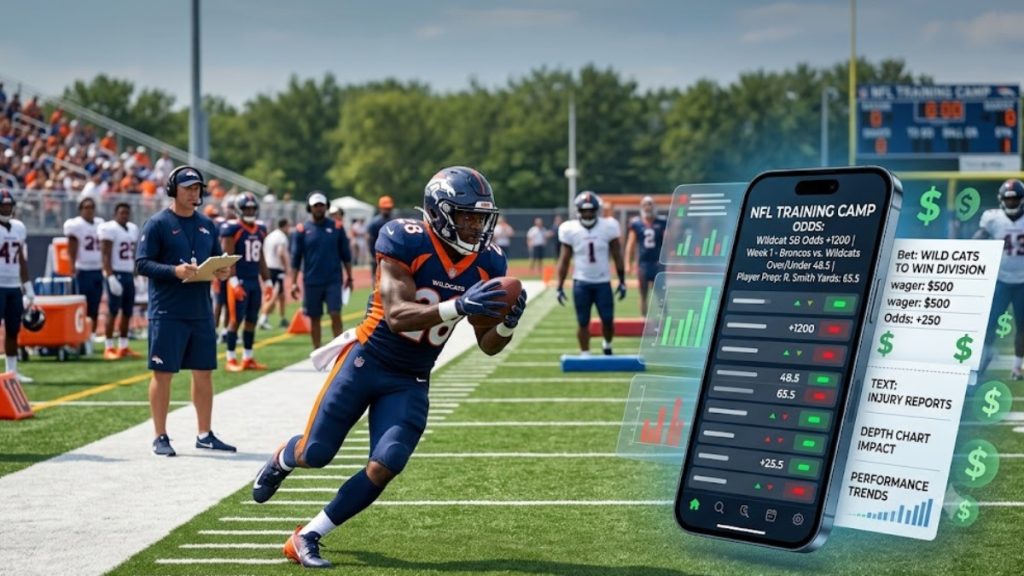 An NFL Training Camp practice field scene with a running back in motion alongside a smartphone showing sports betting odds and metrics graphics.