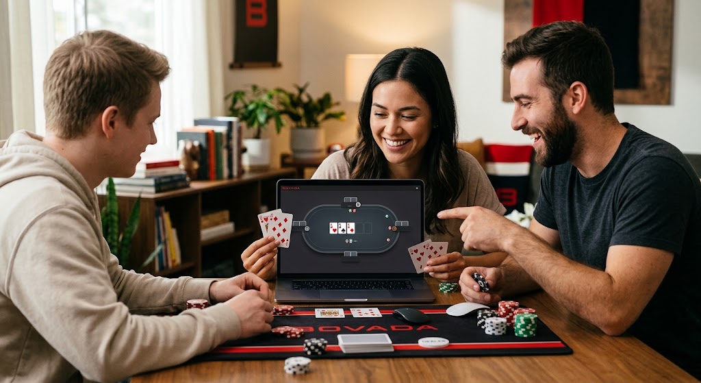 Friends playing cards around a laptop displaying digital tables from the best online poker sites for real money.