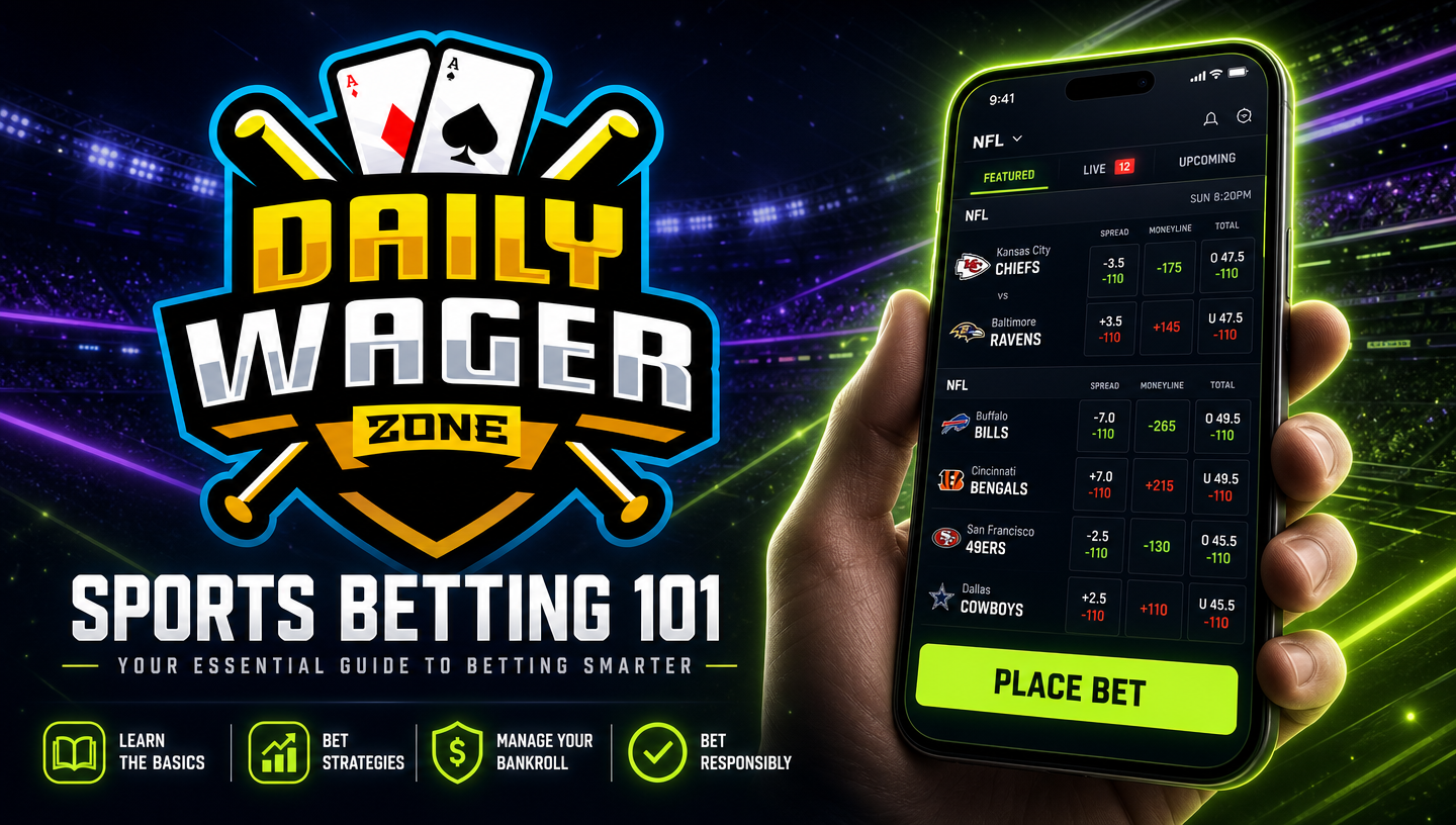 Sports Betting 101 hero banner with DWZ logo, sportsbook app, and stadium atmosphere